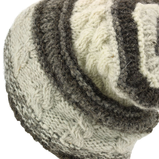 Wool Knit Beanie Hat - Stripe Natural