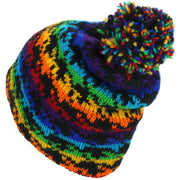 Wool Knit Bobble Beanie Hat - Rainbow Houndstooth