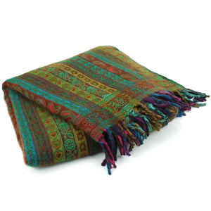 Akryl uld sjal tæppe - stribe - grøn & rød
