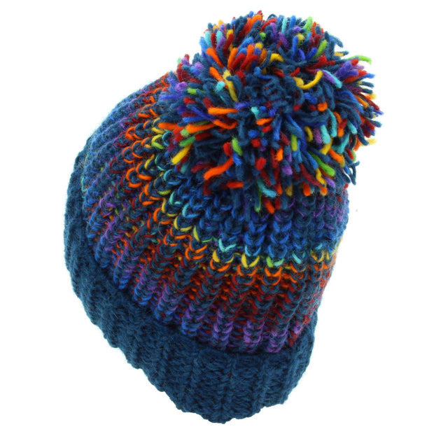 Wool Knit Beanie Bobble Hat - Blue Rainbow