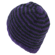 Hand Knitted Wool Beanie Hat - Stripe Purple Black