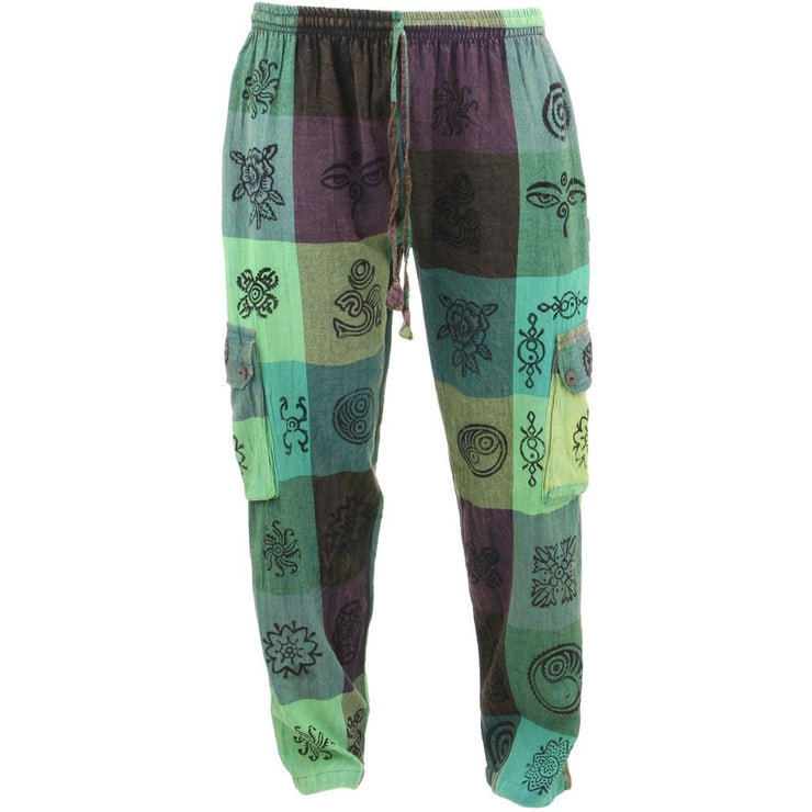 Classic Nepalese Stonewash Cotton 'Squares' Printed Cargo Trousers Pants - Green