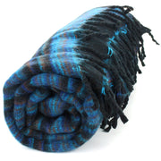 Vegan Wool Shawl Blanket - Stripe - Black Blue