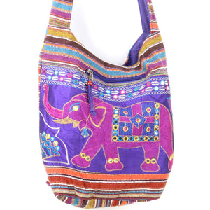 Embroidered Elephant Canvas Sling Shoulder Bag - Purple