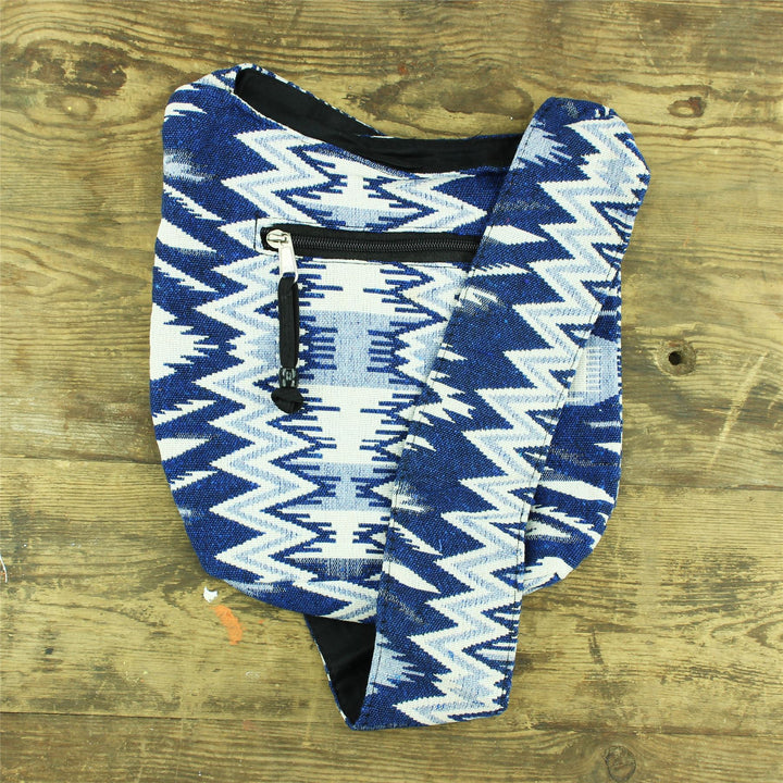Cotton Canvas Sling Shoulder Bag - Aztec Blue White