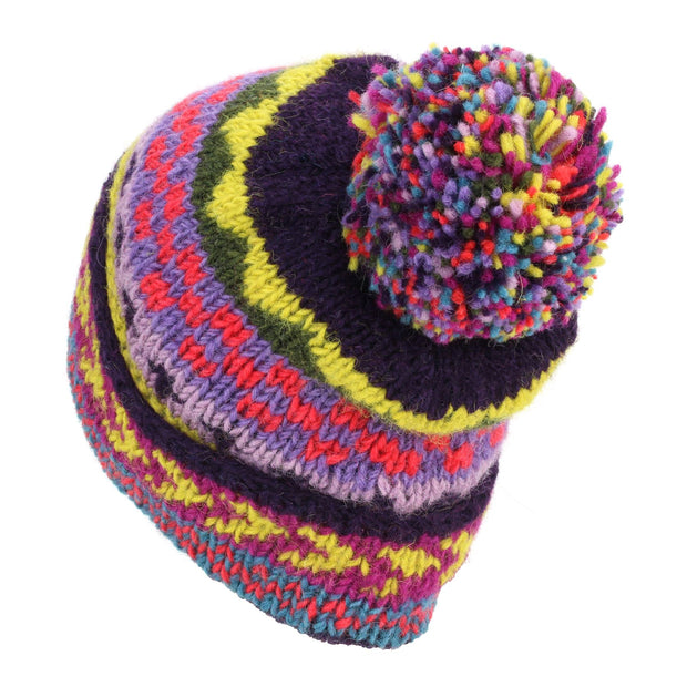 Hand Knitted Wool Beanie Bobble Hat - Chevron Purple