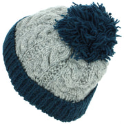 Wool Cable Knit Beanie Bobble Hat - Grey & Navy