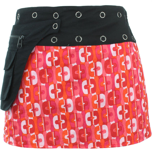Reversible Popper Wrap Mini Skirt - Red Patch Strips / 70s Telephone