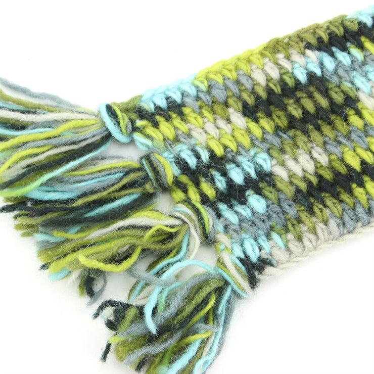 Long Narrow Chunky Wool Knit Scarf - Green & Blue