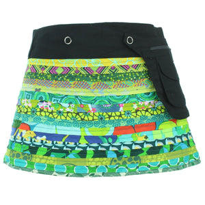 Vendbar Popper Wrap Mini-nederdel til børnestørrelse - Grønne Patch-strimler/blomstret østers